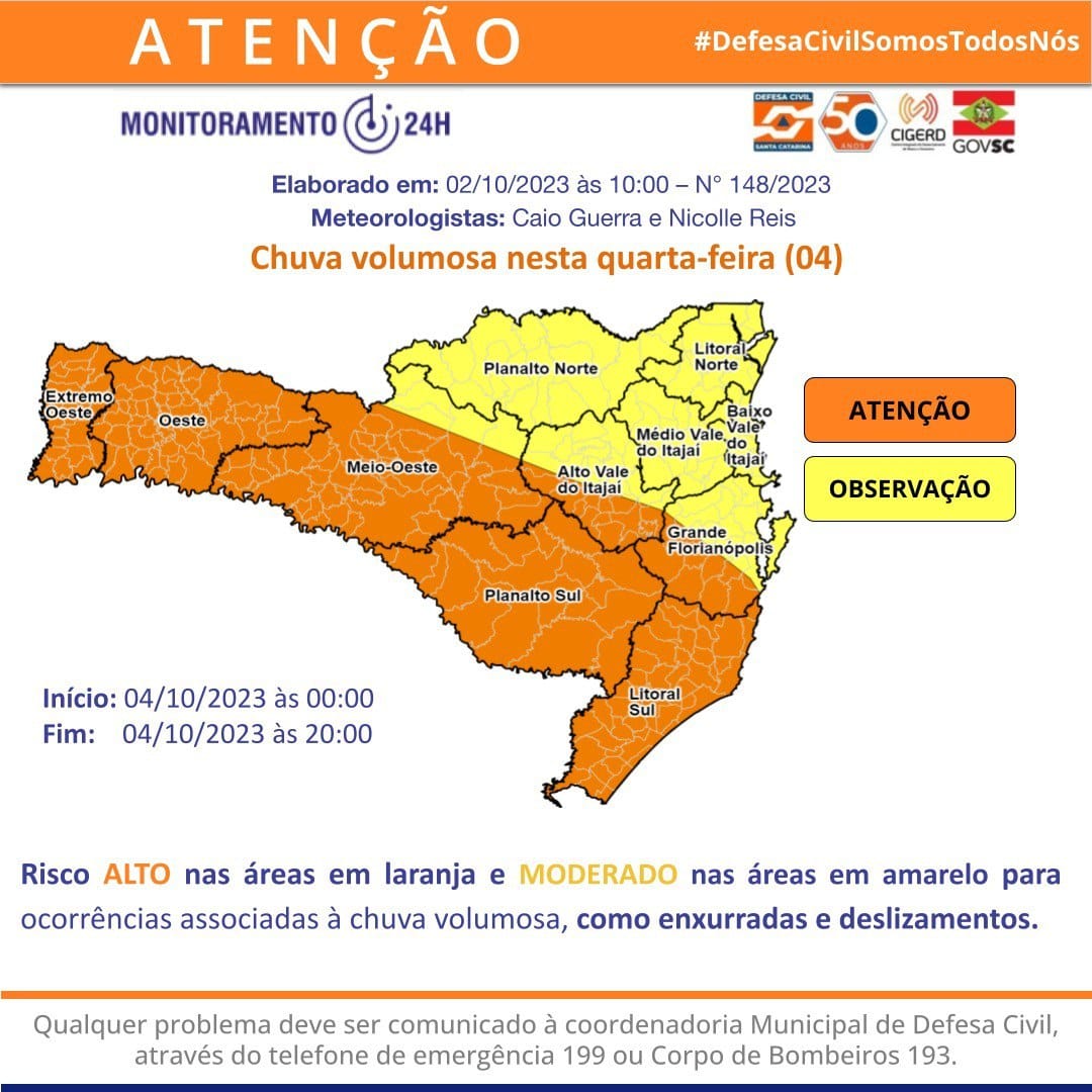 Defesa Civil emite boletim meteorológico alerta para temporais