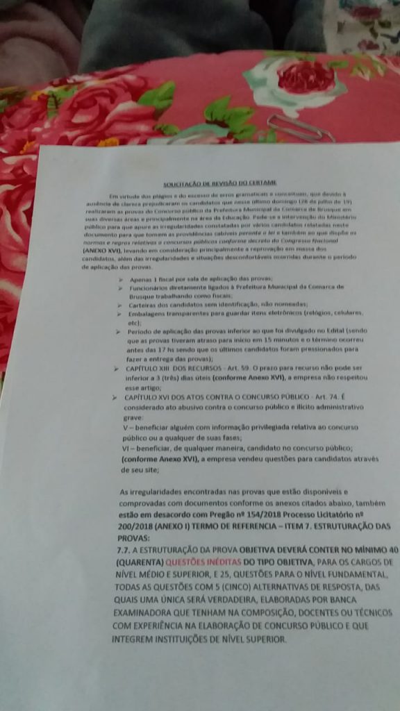 Petição protocolada no Ministério Público representando um grupo de professores pela revisão da prova de educação no concurso da prefeitura de Brusque