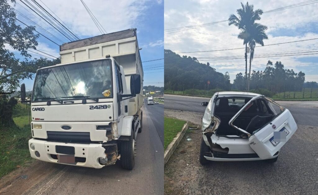 Polícia rodoviária registra acidente entre caminhão e veículo na SC 108, no bairro Bateas (Foto: PMRv-SC/divulgação)