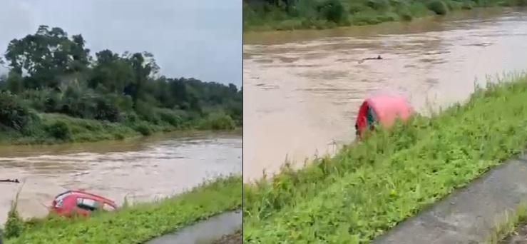 Queda de veículo rio Itajaí-Mirim mobilizou Corpo de Bombeiros e Polícia Militar. Imagem/reprodução redes sociais